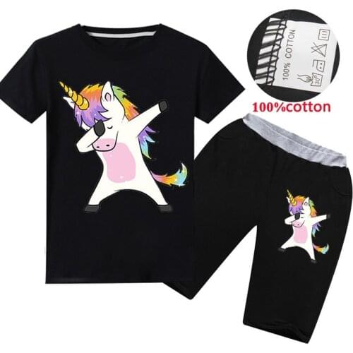 Unicorn 100% cotton round neck short-sleeved T-shirt pants suit European American fashion cartoon casual sports Boy girl suit
