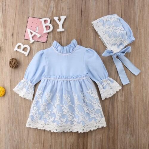 Emmababy Newest Fashion Toddler Baby Girl Clothes Solid Color Lace Flower Dress Princess Party Pageant Dress Hat Outfits Set