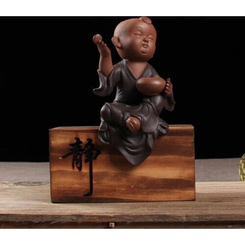 Purple Clay Tea Pet Child Shamiqin Chess Painting and Calligraphy Tea Pet with Wood Bottom Sitting Home Decoration Zen Decor
