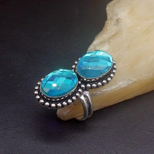 Hermosa Jewelry Double Shape Colorful Oval Topazz Silver Color Wedding Charms Band Ring For Women Men Size 7.5 FQ166