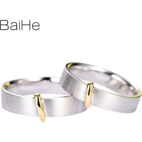 BAIHE Solid 14K Yellow+White Gold simple Wire drawing Women/Men Ring Fine Jewelry Engagement Gift Wedding Band Couple Gift Ring