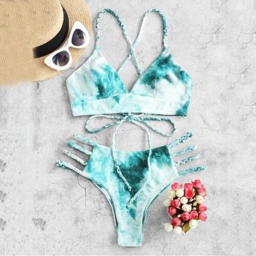 Women Summer Tie dye Bikini Set Female Printed Swimsuit Two Piece Filled Bra Hollow Out Bandage Swimwear Beachwear Outfits