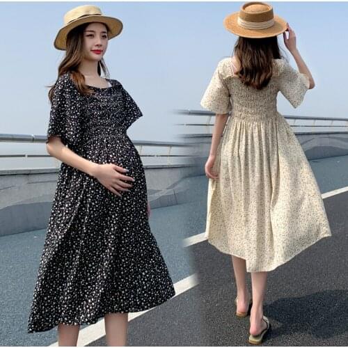 2021 Summer Fashion Floral Printed Chiffon Maternity Dress Slim Waist A Line Loose Clothes for Pregnant Women Sweet Lovely