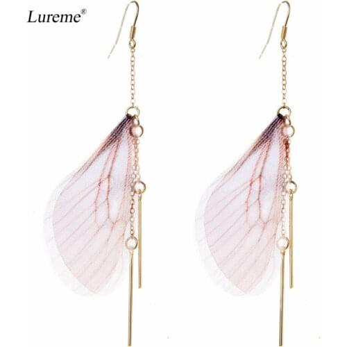 Lureme Elegant Jewelry Butterfly Wings Shape Handmade Feather Tassel Long Dangle Earrings for Womens (er005505)