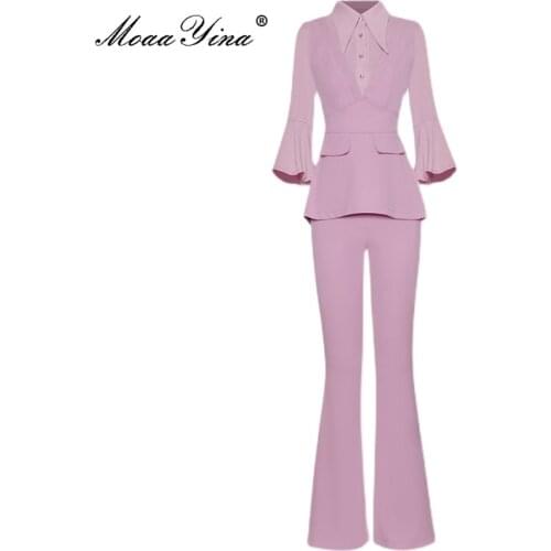 MoaaYina New 2021 Designer Summer Fashion Solid Two Pieces Pants Set Womens Long sleeve Slim Tops and Wide leg pants suit