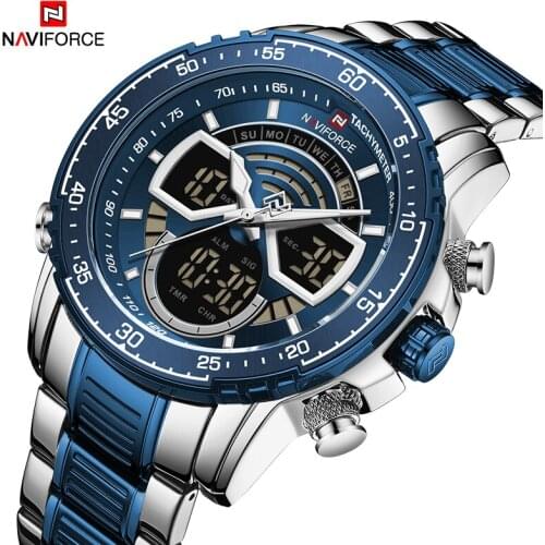 Fashion Creative BackLight Digital Display Clock 2021 NAVIFORCE SliverBlue Full-Steel Dual Time Waterproof Casual Mens Watches