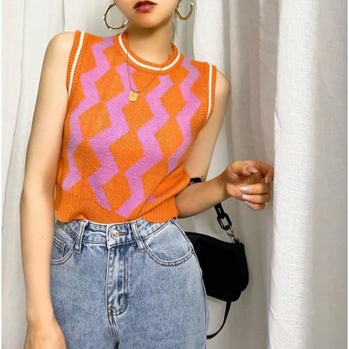 Orange Round Neck Wavy Sleeveless Vest DLSY2952