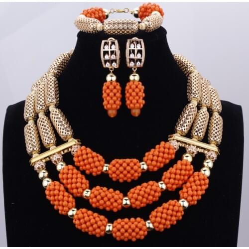 Orange Crystal Three Layers Gold Ladies Layered Necklaces Jewellery Nigerian African Wedding Beads Bridal Jewelry Set New 2017