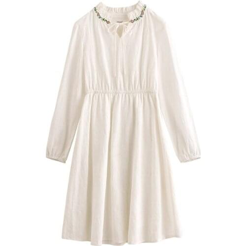 INMAN Spring Womens Dress Small V-neck Tether Frills Flower Collect Waist Elastic Cuffs Fresh Elegant Style Overknee Skirt