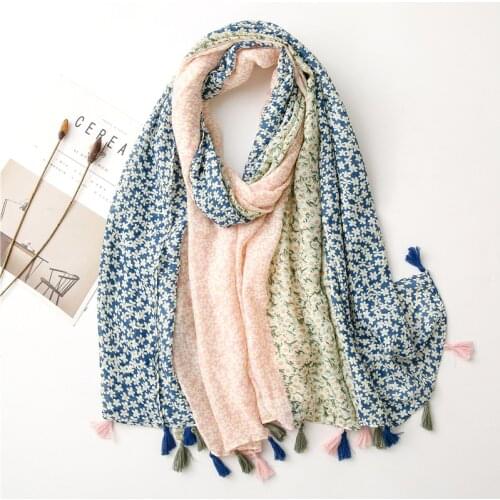 2021 Cotton Feeling Small Floral Scarf Shawl Tassel Muslim Hijab Wraps Soft Pashmina Bandana Foulard