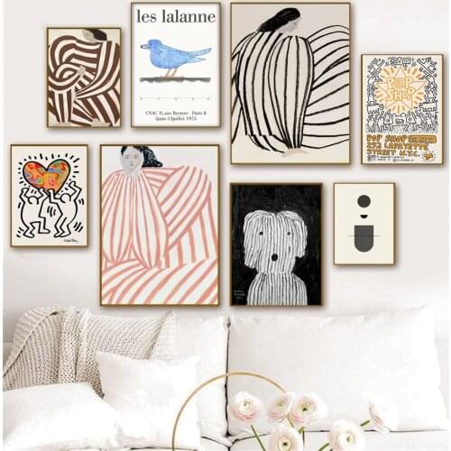 Retro Minimalist Abstract Lines Woman Dog Wall Art Canvas Painting Nordic Posters And Prints Wall Pictures For Living Room Decor