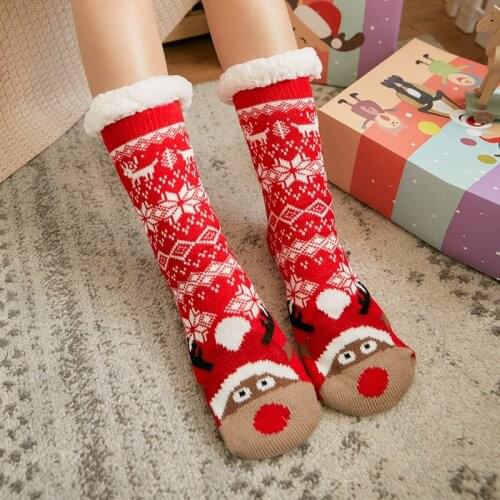 Christmas Female Fall Winter Middle Tube Floor Socks Santa Claus Snow Thickened Fleece Household Elk Sleep Socks Carpet Hosiery