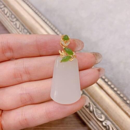 S925 Sterling Silver Inlaid Natural White Jade Tranquility and Peace Plate Pendant Pendant Ladies' Pendant Refined Grace All-Mat