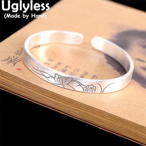 Uglyless Oriental Aesthetics Thai Silver Chrysanthemum Lotus Bangles for Women Solid 999 Pure Silver Floral Bangles Ethnic Jewel