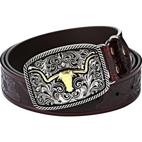 Western cowboy carved leather belts cowhead white gold belt buckle 1.5