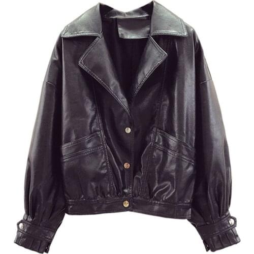 Womens Leather Jacket Lapel Long Sleeve Glossy Three Buttons Loose Solid Color Ladies Blouse Fashion Personality Street Style