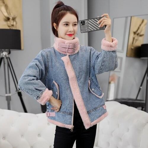 Winter lamb cashmere denim jacket women loose casual thick jacket women coat bomber jacket Faux rabbit fur coat women jacket