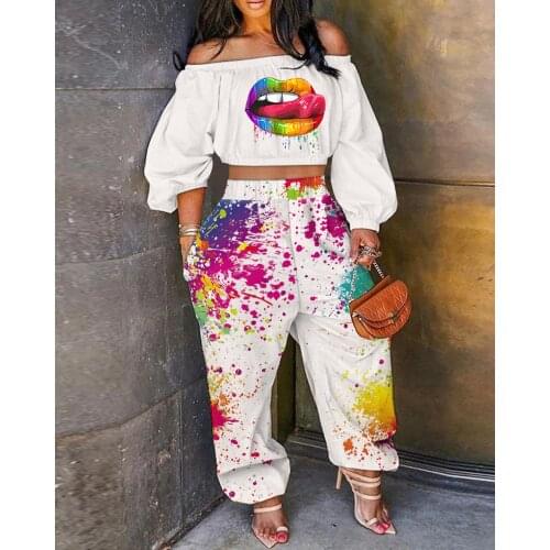 2021 Women Two Piece Set Off Shoulder Lip Print Lantern Sleeve Crop Top & Ink Splash Pants Flare Set OutfitS