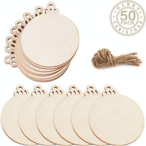 Metable 50pcs Christmas Ornaments Round Wooden Bauble with Holes Unfinished Natural Discs DIY Craft Christmas Hanging Decoration