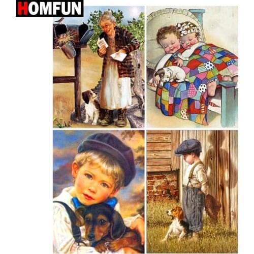 HOMFUN Diamond Embroidery "Boy farm dog" Pattern DIY 5D Diamond Painting Needlework Cross Stitch Full Drill Painting