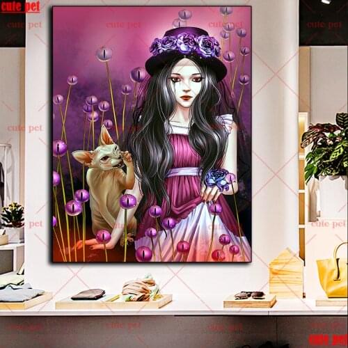 DIY Diamond Painting Hairless cat and weird woman Full Square Round Drill Rhinestone 5D Diamant Cross Stitch Embroidery decor