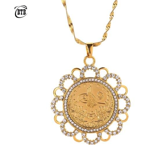 Rabian Ancient Coin Pendant Muslim Crystal Necklaces Women/Men,Two Tone Gold Color Jewelry Middle East African Gift
