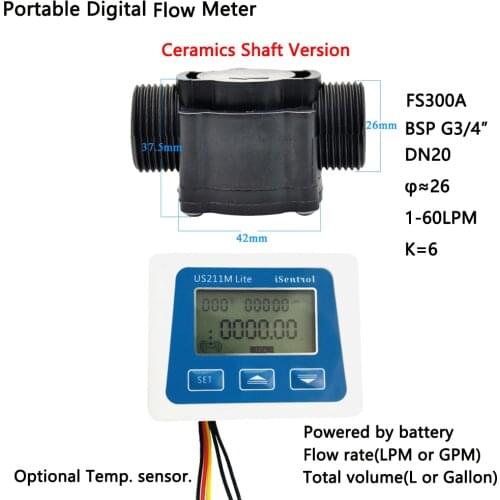 Digital Flow Meter FS300A Ceramics Shaft Version US211M Lite 2-45L/min Water Sensor NO Temperature Sensor Isentrol Zhongjiang