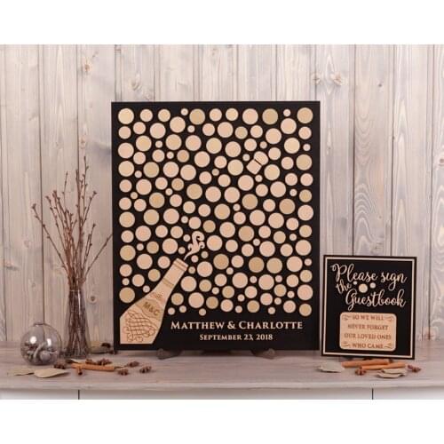 Wood Wedding Guest Book,Alternative Champagne Bottle Gold and Beige Wedding Theme 3D Unique Guestbook,Customized Guest Book