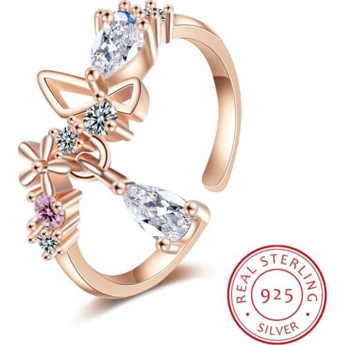 Fashion Creative Butterfly Flowers Crystal Finger Ring for Women Water Drop Zirconia Tassel 925 Sterling Silver Ring Jewelry