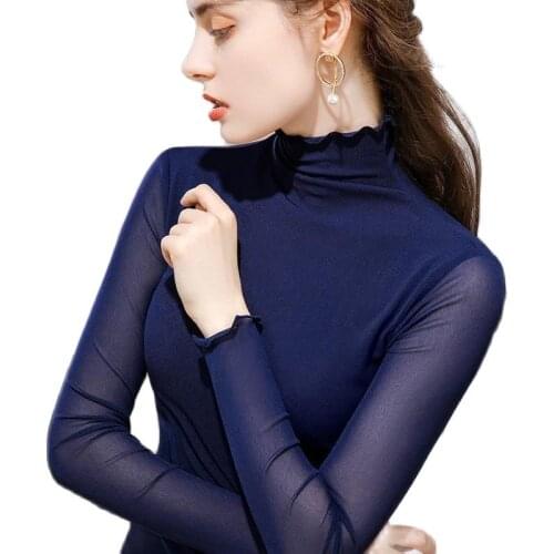Fashion high neck bottoming shirt women girls tees t-shirts lady 2021 new long-sleeved stretch tight mesh top P3 1144