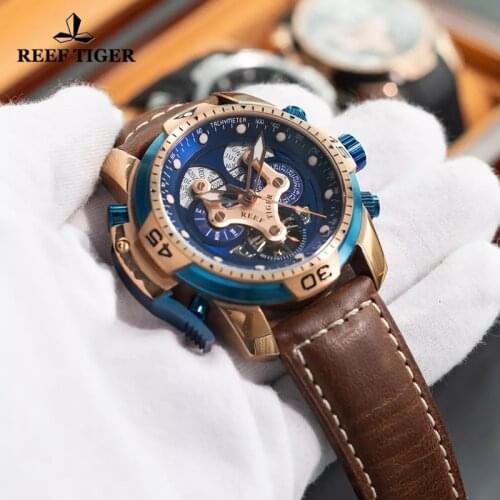 Reef Tiger/RT Top Brand Mens Sport Automatic Mechanical Watch with Perpetual Calendar Blue Dial Brown Leather Strap Watches