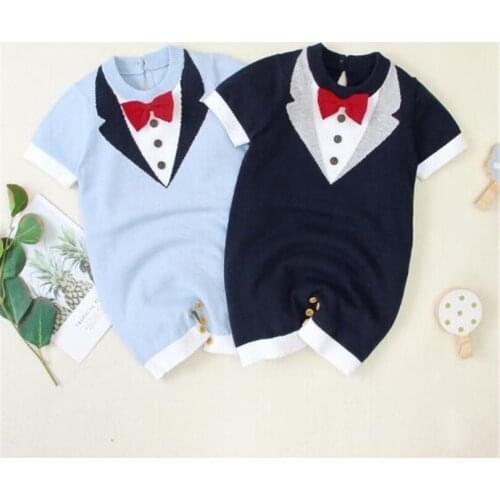 Newborn Baby Clothes Gentleman Baby Costume Knitted Baby Romper Short Sleeve Baby Boy Romper Boy Jumpsuit Overalls Clothes