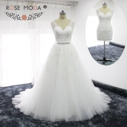 Rose Moda V Neck Knee Length Lace Wedding Dresses with Detachable Skirt Illusion Back Crystal Sash Destination Wedding Dresses