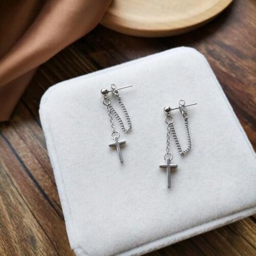 Silver Color Tiny Cross Stud Earring For Women Cute Girls Chain Tassel Small Earing Female Jesus Christian Jewelry Party Gift