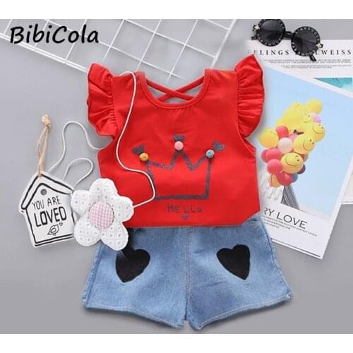 Little Girls Party Outfits Children Summer Set Kids Girls Jogging Clothes Fashion Cotton T-shirt+denim Shorts 2pcs For 1-4Y