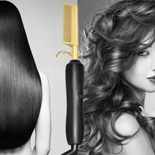 Hair Straightener Curler Brass Comb Straight Beard Ceramic Tourmaline Dual Voltage Auto Shut-off Thick Coarse hair Straighter