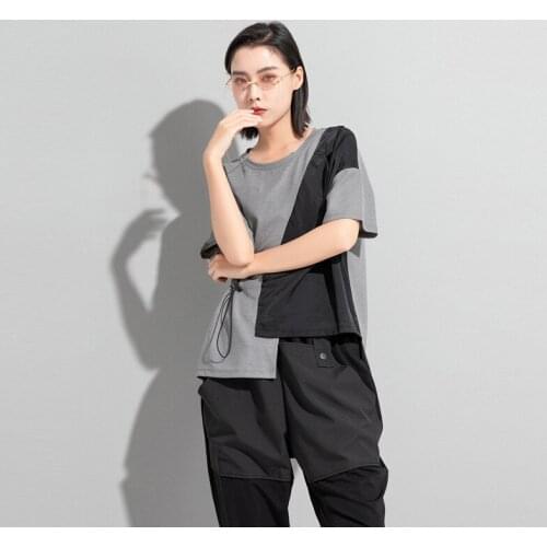 Ladies street hip hop personality splice asymmetrical fake two suit T shirt summer new drawstring fashion short-sleeved blouse