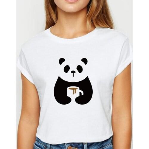 New T shirt Women Animal Panda And Coffee Tshirt ropa mujer Spring Summer Trendy Casual White Top Loose Round Collar T-shirts