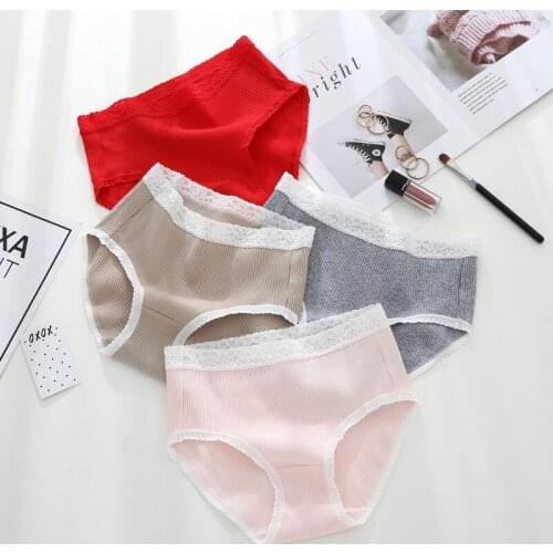 Woman Cotton Panties Female Soft Breathable Bikini Briefs Sexy Lace Edge Underwear Women Cotton Crotch Lingerie Intimates