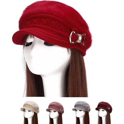 2021 Korean Version Of The New Ladies Hat Winter Plus Cashmere Rabbit Fur Hat Fashion Crystal Bow Knitted Hat Baotou Hat