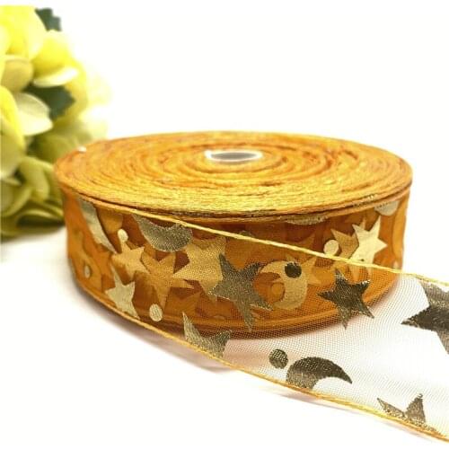 5Yardsl 25mm Transparent Gauze Ribbon Star Moon Printing Pattern Gift Packaging Christmas Ribbon DIY Handmade Accessories #12