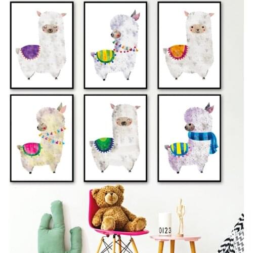 Watercolor Cartoon Animals Llama Print Nursery Decor Cute Animal Camel Art Canvas Painting Picture Nordic Poster Kids Room Decor