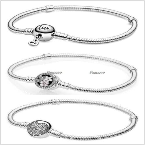925 Sterling Silver Moments Freehand Heart Clasp Snake Chain Bracelet Bangle Fit Bead Charm Diy Fashion Jewelry