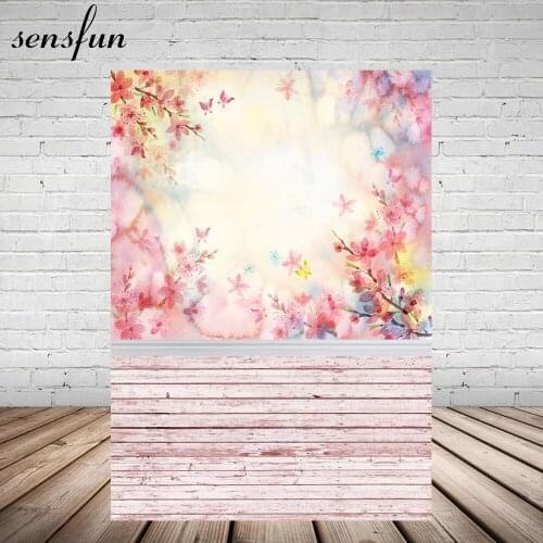 Sensfun Pink Flower Blossom Printed Baby Photo Backdrops Art Fabric Newborn Wood Backdrops For Studio Photography Background