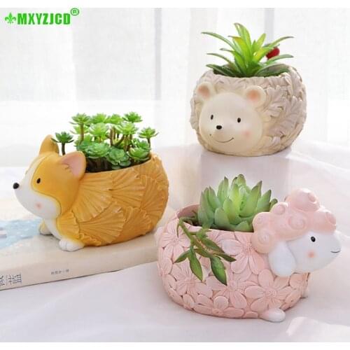 Hedgehog Fox Sheep Resin Flower Pot Leaf Pattern Animal Sculpture Crafts Storage Container Home Decor Garden Succulent Plant Pot