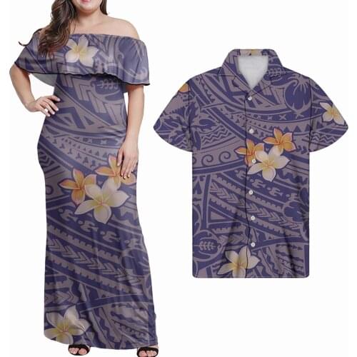 Hycool Purple Sexy Plus Size Strapless Women Sundress Polynesian Tribe Casual Off Shoulder Couple Wear 5xl Hawaiian Men Shirt