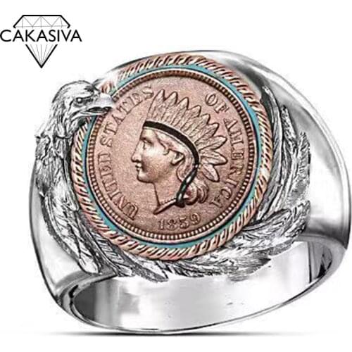 Indian Head Penny Ring Western Cowboy Two Tone Commemorative Coin Ornament Mens Vintage Punk Ring