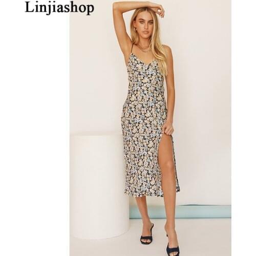 Summer women long dress bohemian chiffon sexy floral print speghetti straps sleeveless beach sheath split blue dresses