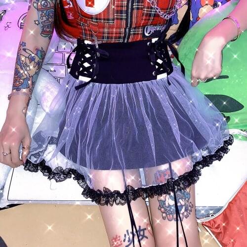 Women Sweet A-Line Skirt Japanese Harajuku Sweet High Waist Mini Gauze Skirts Cute Tethered Bow Double Layer Fashion Streetwear