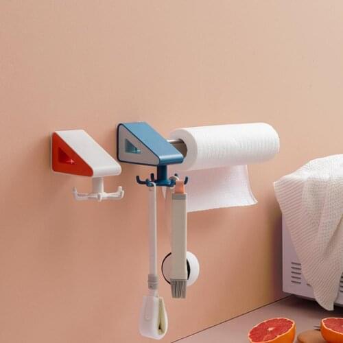 Wall-Mounted Rotating Hook Spatula Spoon Kitchen Storage Shelf Rack Bathroom Punch-Free Paper Holder Towel Rack Organizer